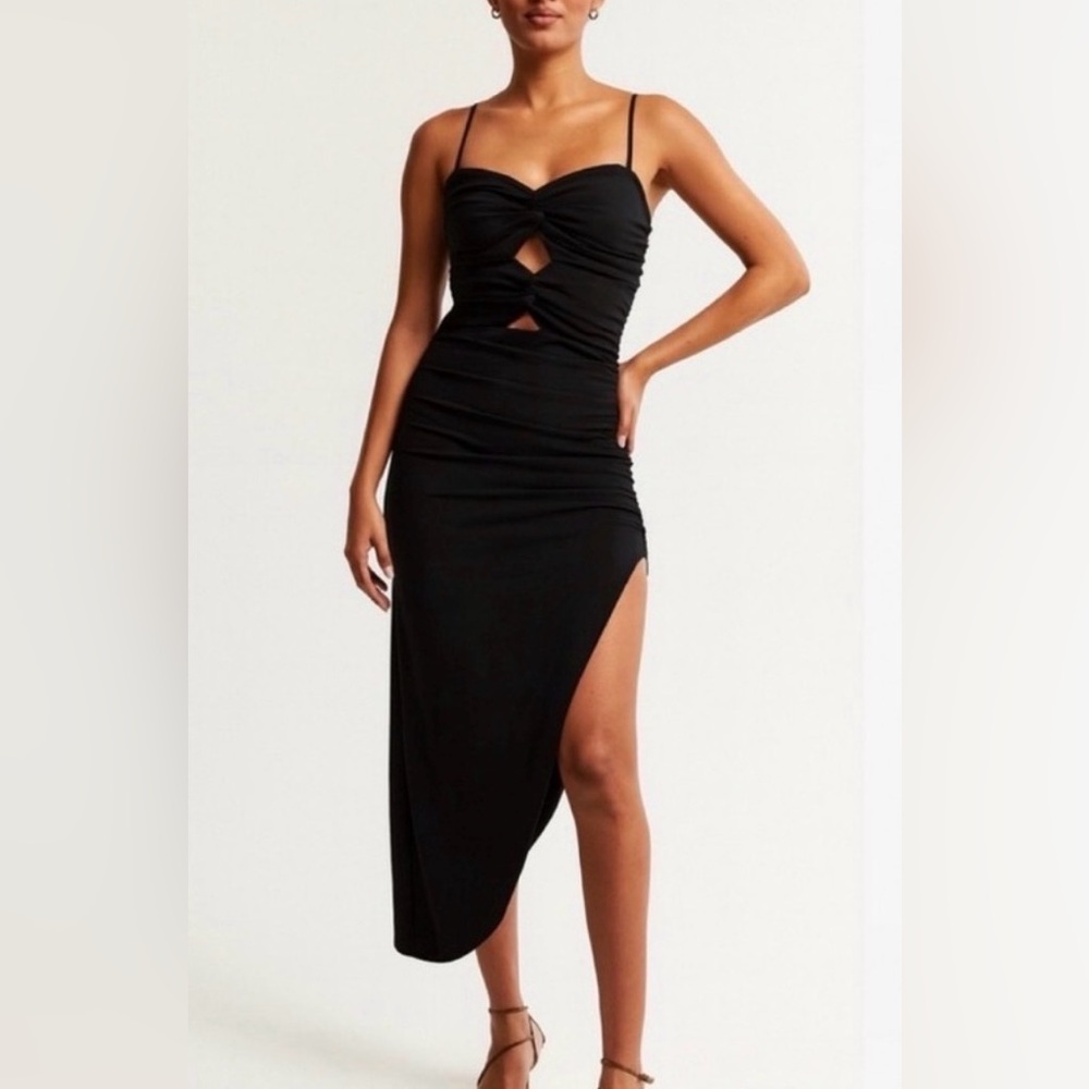 Abercrombie Ruched Front Cut-Out Asymmetrical Midi Dress in Black - NWT